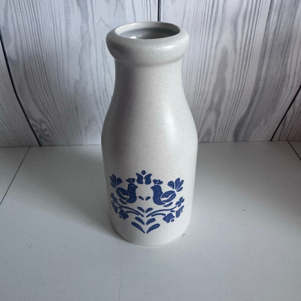Pfaltzgraff Yorktowne Stoneware Deco Milk Bottle 8" Royal Blue Birds Vase